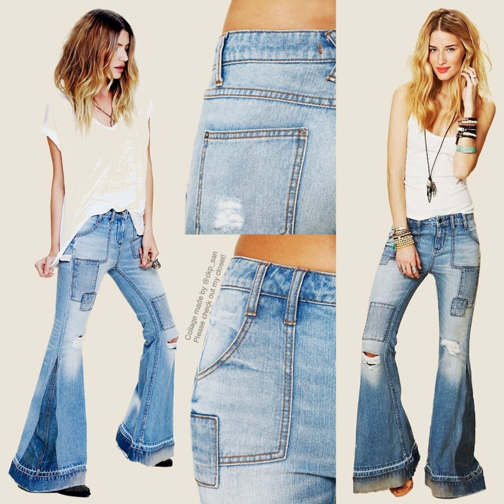 Free People Light Blue Patchwork Flare Jeans - Picture 5 of 16